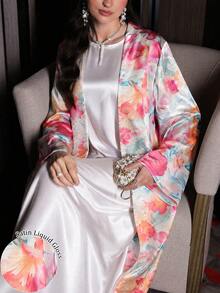 SHEIN Najma 女款花卉植物夢幻配色印花優雅阿拉伯式長袍，春秋時尚長袖前開襟長外套，舒適緞面阿拉伯風服飾 - 彩色 - 查看 1