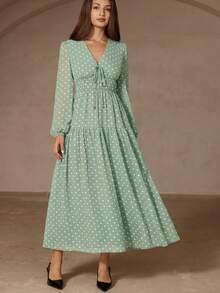 Revavyn Vintage Romantic Polka Dot V-Neck Slimming Elegant Tie-Front Fitted Long Sleeve Chiffon Dress Brunch Sage Green Autumn - Mint Green - View 7