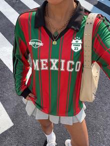 Muchica 女士墨西哥国旗绿红条纹长袖足球衫 Polo 衫，棕色撞色领口和条纹袖口——复古、学院风、经典、青春、街头时尚风格，完美适用于足球比赛、体育赛事、观众装扮、日常出行、音乐节、返校季、外出、嘻哈、Grunge、摇滚说唱等各种场合。 - 彩色 - 查看 5