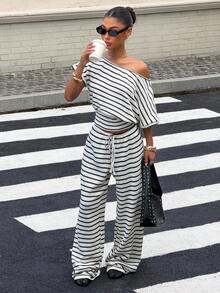 Muchica 2件組女款仿針織條紋露肩上衣與長褲套裝，優雅休閒度假穿搭女套裝 - 彩色 - 查看 6