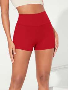 SHEIN BASICS 女款紅色寬腰帶彈性纖維單車短褲 夏季女用 - 紅色 - 查看 7