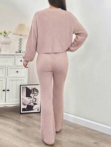 SHEIN EZwear 秋冬季女士休闲纯色宽肩带开衫搭配抽绳喇叭裤两件套 - 藕粉色 - 查看 2