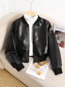 SHEIN Teen Girl PU Leather Casual Street Style Baseball Jacket , Fall/Winter - Black - View 4