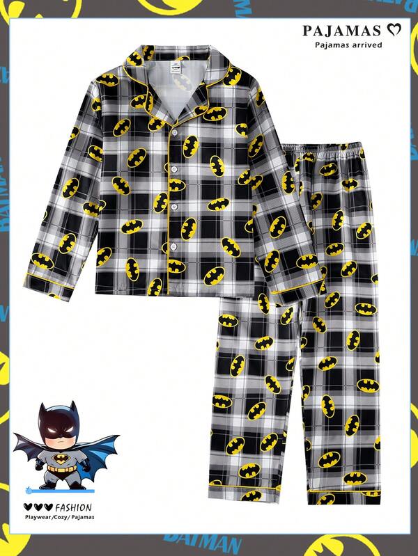 BATMAN X SHEIN Tween Boy Cartoon Print Plaid Long Sleeve Top & Pants Pajama Set For Home Wear