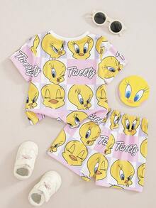 LOONEY TUNES X SHEIN 女嬰字母卡通印花短袖T恤與短褲休閒日常套裝 - 彩色 - 查看 2