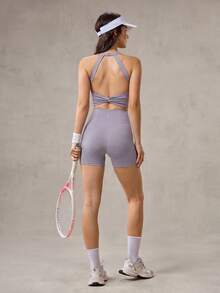 OutZeal Tuta sportiva intera da donna per palestra, allenamento e yoga, traspirante, con reggiseno integrato e nodo sulla schiena - Viola chiaro - Visualizzare 9