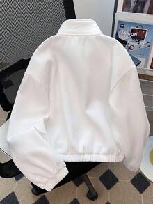 SHEIN 少女白色落肩拉链半开襟短款卫衣，适合秋冬季节日常休闲穿着。白色拉链卫衣 白色卫衣 拉链卫衣 白色卫衣 少女卫衣 秋季 - 白色 - 查看 2