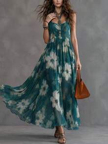 Solivie Women's Floral Print Pleated Casual Party Dress Summer Dress Beach Outfit For Women Vacation Outfits Women Elegant Dress - Green - View 6