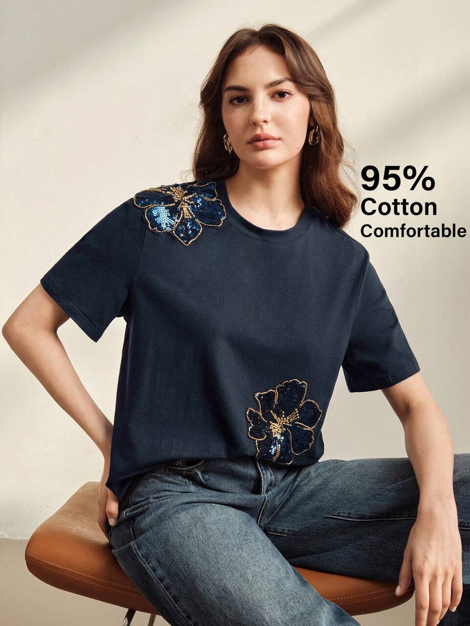 Anewsta Spring/Summer Women's Elegant Casual Navy Blue Floral 95 Cotton Short Sleeve Round Neck Fitted T-Shirt, Versatile For Daily Wear Everyday