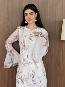 Yasmeen Edit Yasmeen Edit Gaun Wanita Elegan Motif Bunga dengan Kancing Jamur, Lengan Panjang Mengembang, Cocok untuk Liburan - Purple - View 5