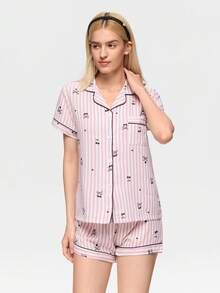 Bonmuse Striped Bow & Cherry Print Women Bubble Crepe Short Sleeve Shorts Pajama Set - Pink - View 1
