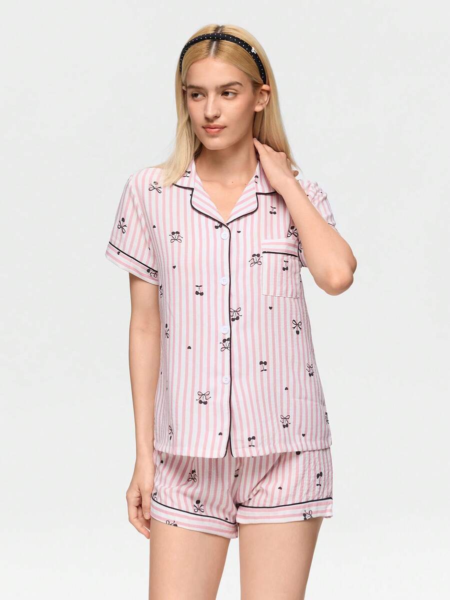 Bonmuse Striped Bow & Cherry Print Women Bubble Crepe Short Sleeve Shorts Pajama Set - Pink - View 1