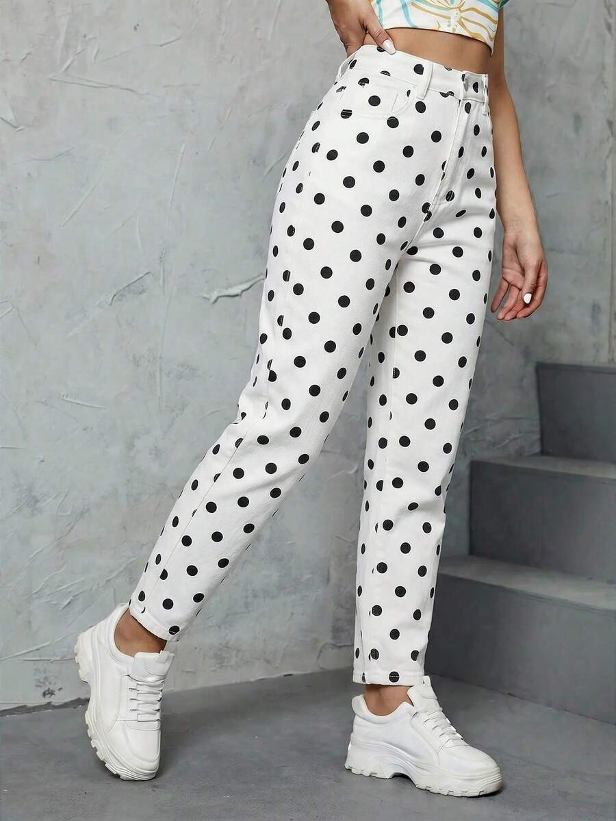 SHEIN ICON 休閒波點印花錐形牛仔褲 - 黑與白 - 查看 1