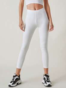 SHEIN BASICS 女款夏季純色彈性腰七分緊身褲 - 白色 - 查看 6