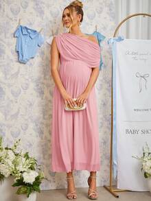 Loomaby Maternity Solid Color Pleated Asymmetric Neck Elegant Dress - Pink - View 9