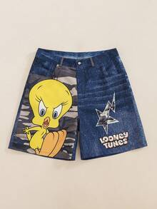 LOONEY TUNES X SHEIN Men's Cartoon Print Camouflage Patchwork Button Denim Shorts - Blue - View 1