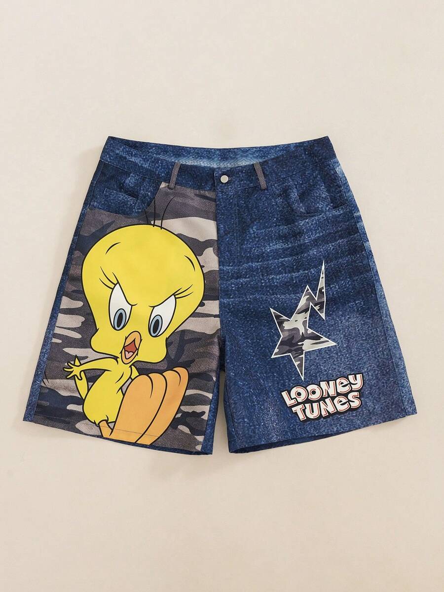 LOONEY TUNES X SHEIN Men's Cartoon Print Camouflage Patchwork Button Denim Shorts - Blue - View 1