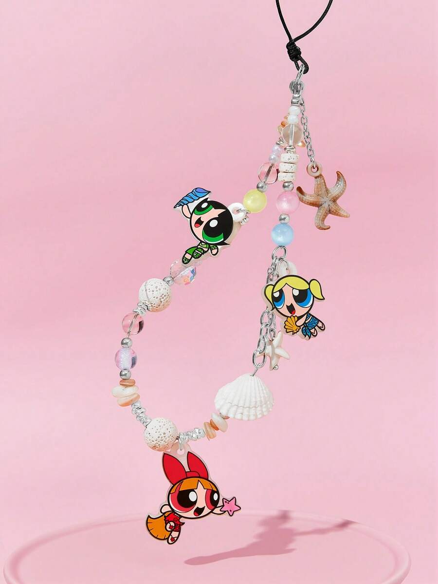 THE POWERPUFF GIRLS X SHEIN 時尚可愛卡通狗狗壓克力手工串珠手機鍊 手機掛繩 手機吊飾 - 彩色 - 查看 1
