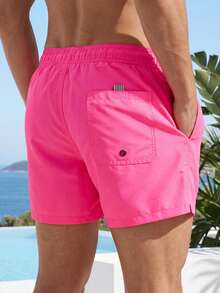 CoralVoy Men Embroidery Drawstring Waist Swim Trunks Beach Shorts, Hawaiian, Holiday - Burgundy - View 2