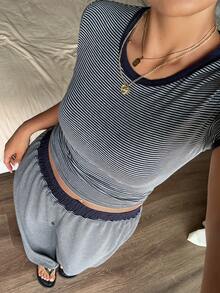 Dazy Plus 2pcs/Set Striped Casual Colorblock Patchwork Slim Fit Short Sleeve Top & Long Pants Loungewear Pajama Set For Spring Summer Autumn - Navy Blue - View 4