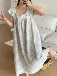 Dazy Plus Camisola Elegante de Primavera/Verão com Estampa Romântica em Todo o Tecido, Textura de Crepe e Manga com Babado - Azul - Visão 3