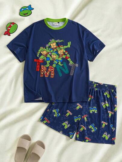 TEENAGE MUTANT NINJA TURTLES | SHEIN Conjunto de ropa de estar en casa con top y pantalones cortos con estampado de dibujos animados para hombres