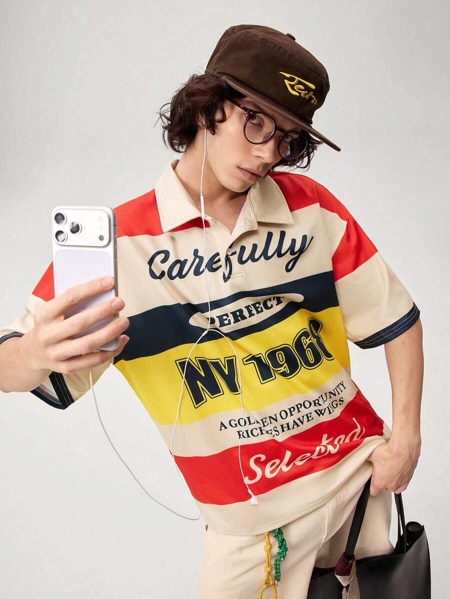 Vaulklash Manfinity Streetrush 男款紅色夏季圖案 Polo 衫,街頭風城市度假嘻哈短版上衣,寬鬆版型復古賽車橄欖球球衣,足球 - 彩色 - 查看 1