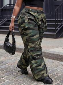 Slaydiva Plus Size Women's Camouflage Casual Versatile Everyday Travel Long Pants Fall - Green - View 2