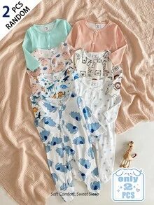SHEIN 【隨機2件】新生兒長袖長褲連身衣，可愛條紋素色極簡動物愛心大象星星印花羅紋布料，柔軟舒適，媽媽與寶寶都愛的睡衣家居服 - 彩色 - 查看 3