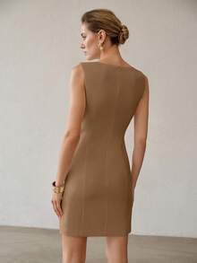 MOTF PREMIUM VESTIDO CORTO SIN MANGAS CON RIBETE BLANCO EN CONTRASTE - Caqui - Ver 2