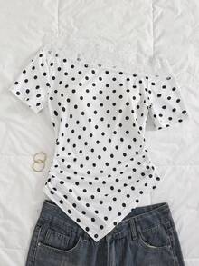 SHEIN Teen Girls Teenage White Black Polka Dot Lace Short Sleeve Personalized Elegant Charm, Summer, Knit, Back To School, Vacation,3 Pack - White - View 4