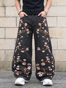 Manfinity Hypemode 大梅花刺繡超寬腿牛仔褲 - 黑色 - 查看 3