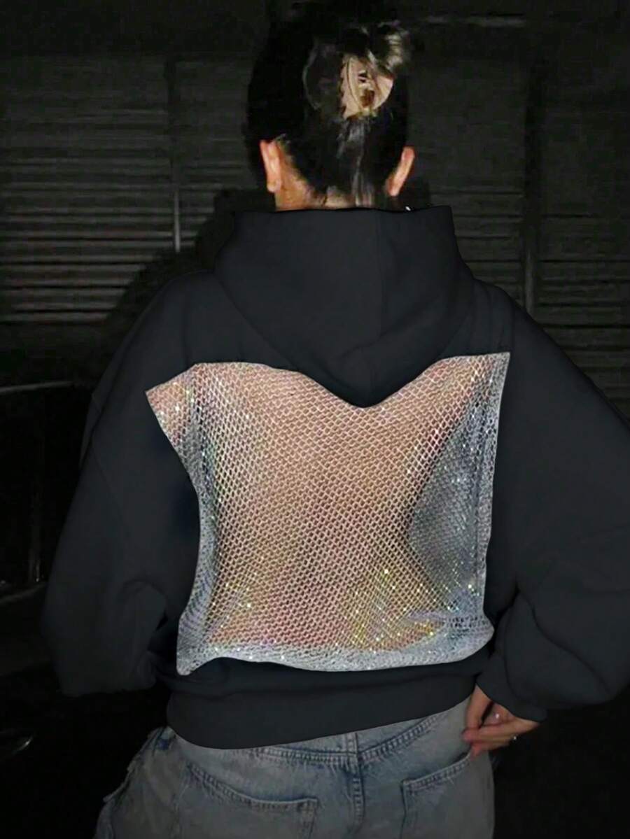INAWLY 大尺碼女款休閒露背網紗亮片連帽衛衣，日常休閒街頭風演唱會套頭衫，冬季款 - 黑色 - 查看 1