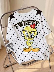 LOONEY TUNES X SHEIN Plus Size Women's Letter Cartoon Print Polka Dot Casual Everyday T-Shirt - White - View 1