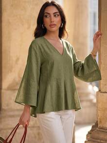 Elenzga Casual Versatile Commute Solid Color Shirt - Green - View 4