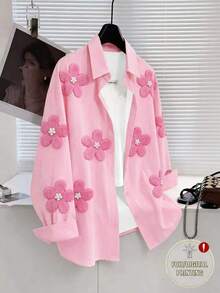 SHEIN 女童花卉印花襯衫，秋季外套，冬季穿搭，返校季，復古 Boss Baby 風格，舒適，度假生日，嬰兒粉 - 粉色 - 查看 4