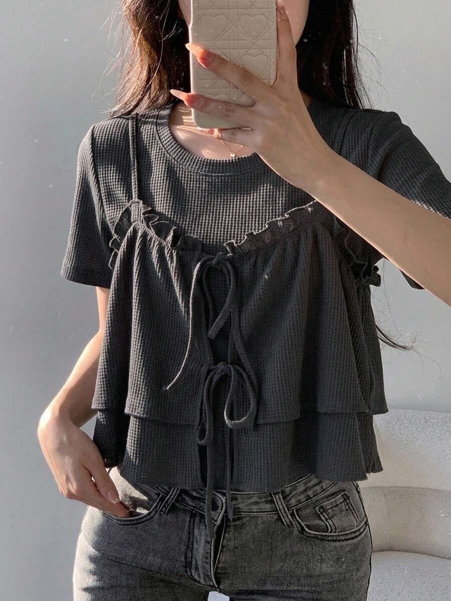 FRIFUL 2pcs/Set Women's Bowknot Frill Trim Short Sleeve Top, Loose Fit Crew Neck Lounge Sets For Women - Grey - View 1