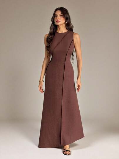 SHEIN Tall Women's Summer Elegant Solid Color Sleeveless Long Dress Brunch Coffee Brown