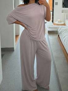 Dazy Plus Plus Size Knitted Ruched Cowl Neck Loose Casual Asymmetrical Cold Shoulder Top And Long Pants 2-Piece Loungewear Set For Spring/Summer - Grey - View 2