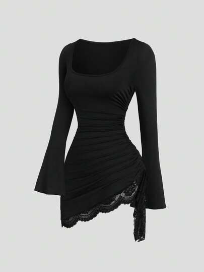 Sweetra Square Neck Flare Sleeve Mini Dress, Drawstring Design, Hemline Lace Patchwork, Suitable For Party Wear