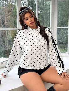 SHEIN EZwear Polka Dot Casual Women Plus Size Long Sleeve Loose Fit Jacket Fall - Black and White - View 4