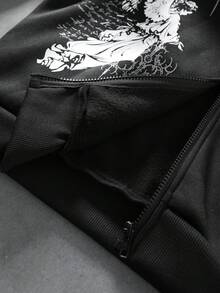 ROMWE MEN Goth 男士天使圖案印花時尚拉鍊連帽衛衣 - 黑色 - 查看 4