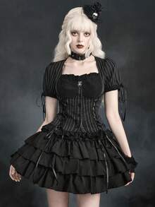 ROMWE Goth 女款黑色條紋哥德童話風蝴蝶結交叉金屬孔眼荷葉邊方領襯衫 - 黑色 - 查看 5