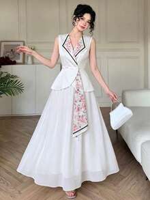 Modelyn Spring/Summer Commuter Day Party Elegant Elegant Floral Print Bow Tie Waist-Defining Slimming Blazer Sleeveless Set Pink Floral White - White - View 5