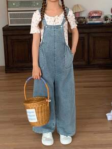 DAZY Young Girl Fashion Versatile Pocket Loose Wide Leg Denim Overalls Fall - Light Wash - View 8