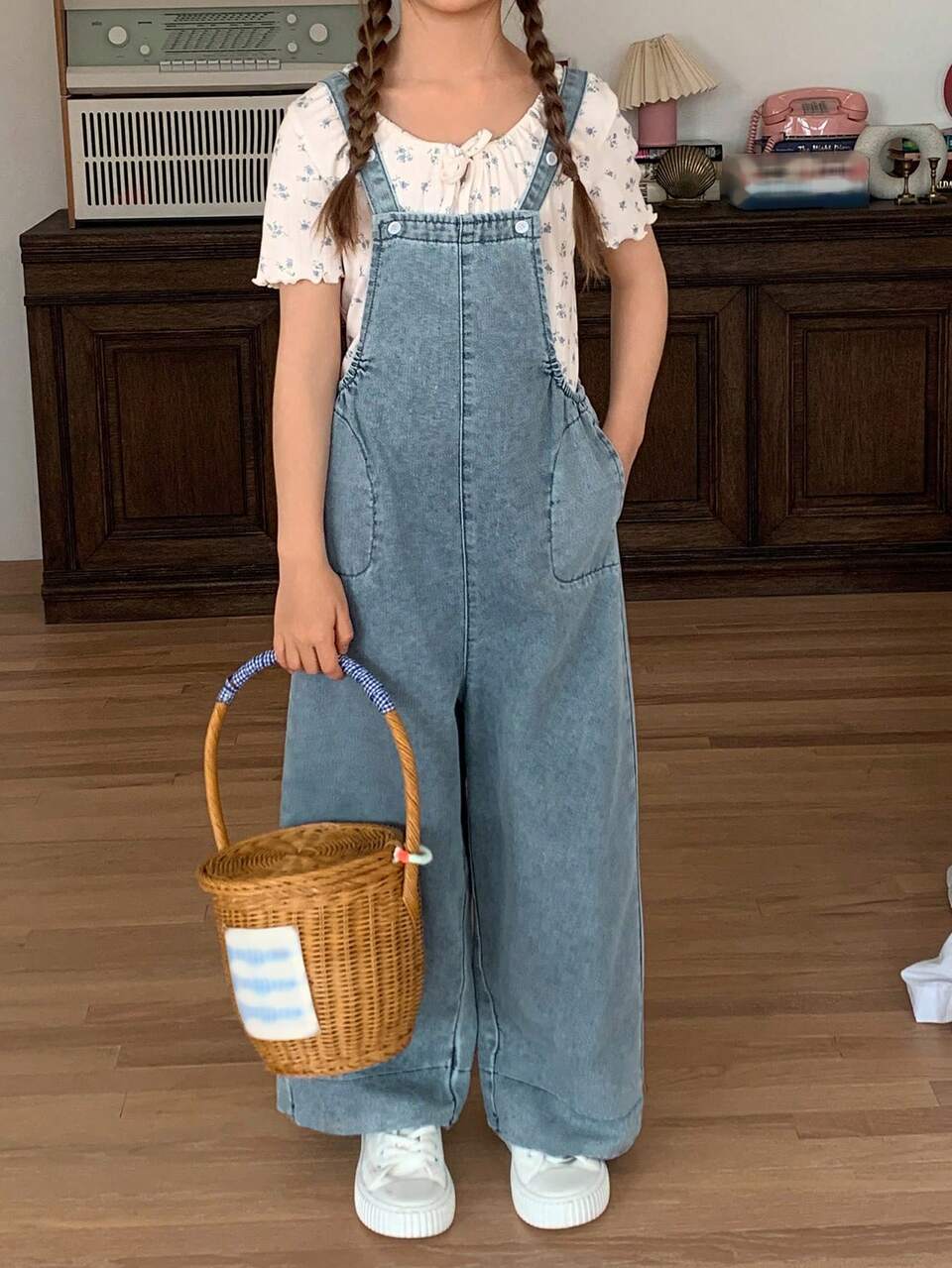 Young Girl Fashion Versatile Pocket Loose Wide Leg Denim Overalls Fall
