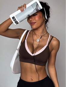 SHEIN Women's Colorblock Patchwork Sports Bra - Brown - View 1