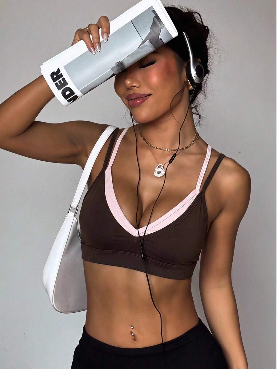 SHEIN Women's Colorblock Patchwork Sports Bra - Brown - View 1