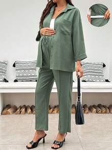 SHEIN Maternity Solid Color Single-Breasted Long Sleeve Top And Adjustable Waist Long Pants Casual Daily 2 Pieces Set Fall - Green - View 3