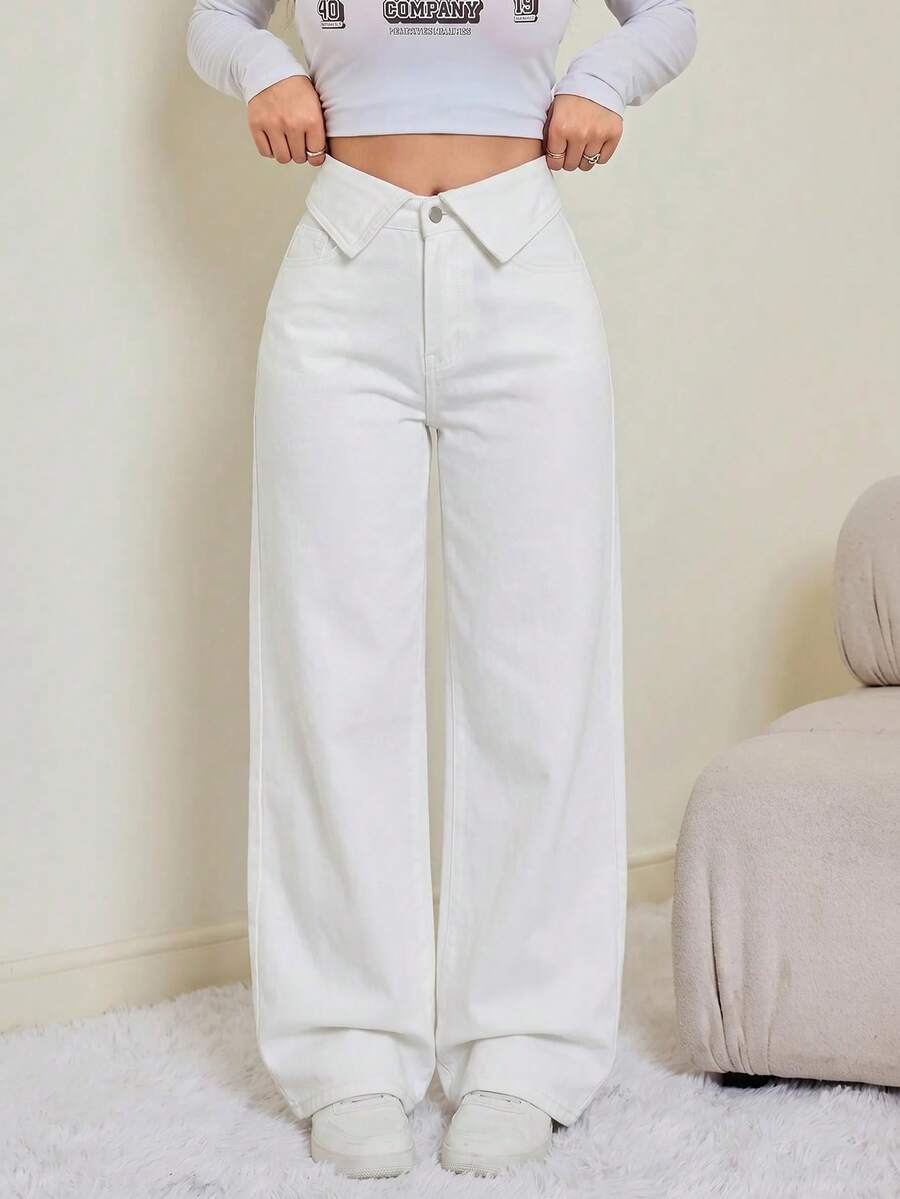 SHEIN Tall 女款折腰寬腿寬鬆休閒牛仔褲 秋季女裝 教師褲 - 白色 - 查看 1